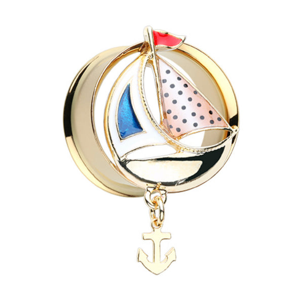 Golden Sail Boat Anchor Dangle Ear Gauge Plug-WildKlass Jewelry