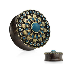 Turquoise and Enamel Tribal Sun Top Organic Ebony Wood Double Flared Saddle WildKlass Plugs-WildKlass Jewelry