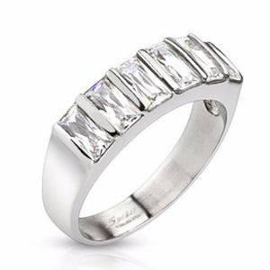 Six Emerald Cut CZ Ring Stainless Steel-WildKlass Jewelry