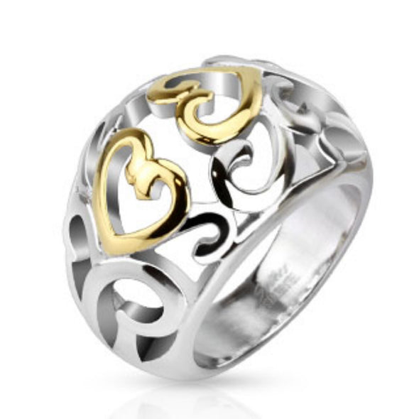 Vintage Heart Swirls Two Tone IP Frontal Ring Stainless Steel-WildKlass Jewelry