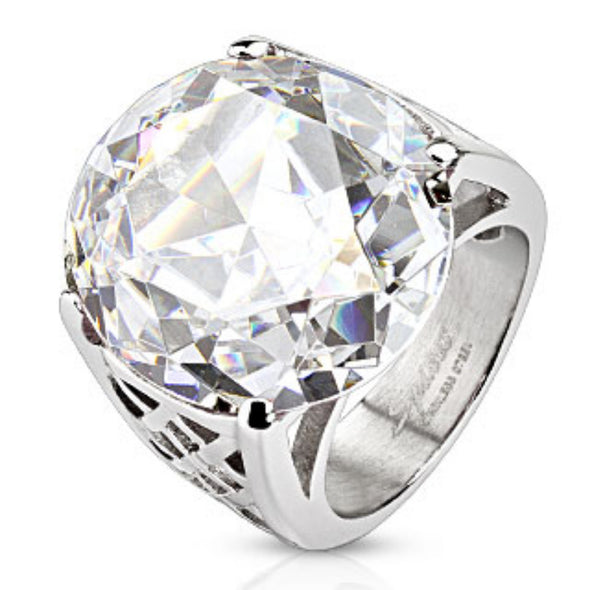 Round Cut Large Clear Gem Cast Ring Stainless Steel-WildKlass Jewelry