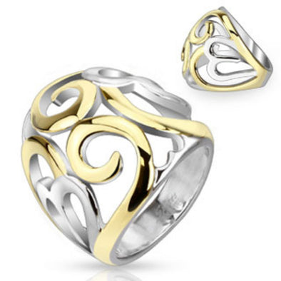 Smoke Swirl Hearts Two Tone IP Frontal Ring Stainless Steel-WildKlass Jewelry