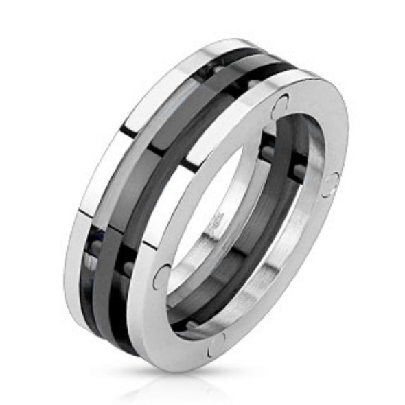 Centered Black IP Three Band Combination Ring Stainless Steel-WildKlass Jewelry