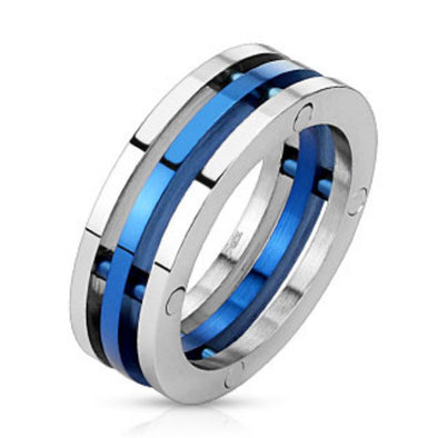 Centered Blue IP Three Band Combination Ring Stainless Steel-WildKlass Jewelry