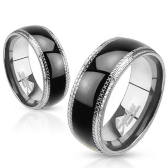 Etched Edges and Black IP Center Stainless Steel Band Ring-WildKlass Jewelry