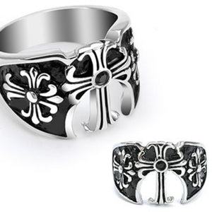 Three Medieval Cross with a Black Gem 316L Surgical Steel Ring-WildKlass Jewelry