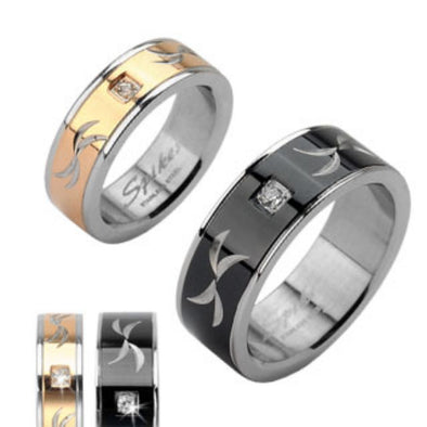 Tribal Carve and Single CZ Gem Stainless Steel Ring-WildKlass Jewelry