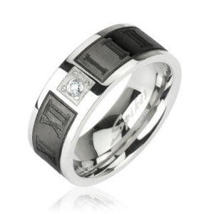 Black IP Engraved Roman Numerals with CZ Center 316L Surgical Stainless Steel Ring-WildKlass Jewelry