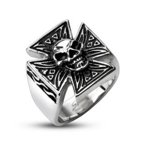 Skull on Tribal Patterned Iron Cross 316L Stainless Steel Rings-WildKlass Jewelry