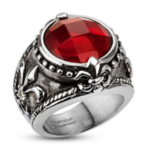 Antiquated Fleur De Lis Red Gem Center Cast Ring Stainless Steel-WildKlass Jewelry