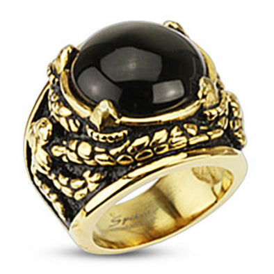 Onyx Stone Dragon Claw Venom Entangled Wide Cast Gold IP Stainless Steel Ring-WildKlass Jewelry