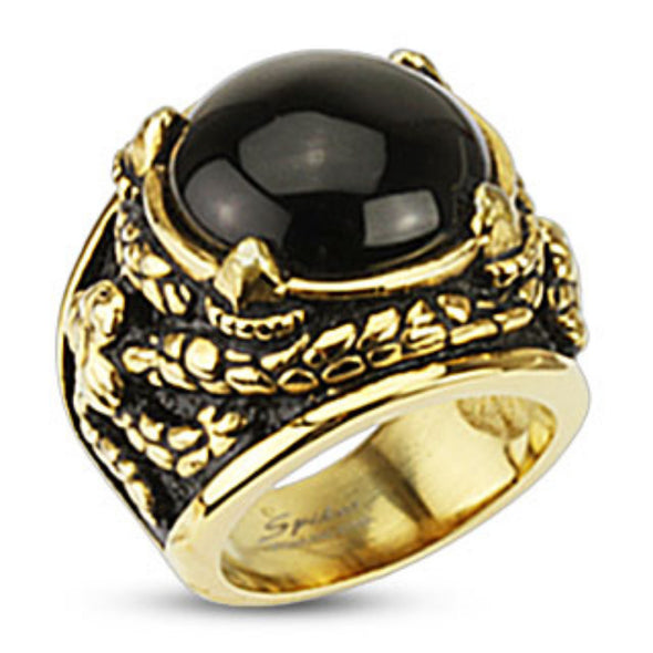 Onyx Stone Dragon Claw Venom Entangled Wide Cast Gold IP Stainless Steel Ring-WildKlass Jewelry