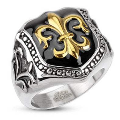 Golden Fleur De Lis Glossy on Black Epoxy Shield Wide Cast Ring Stainless Steel-WildKlass Jewelry