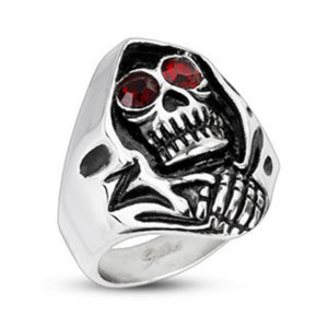 Grim Reaper Red CZ Eyed Wide Cast Ring 316L Stainless Steel-WildKlass Jewelry