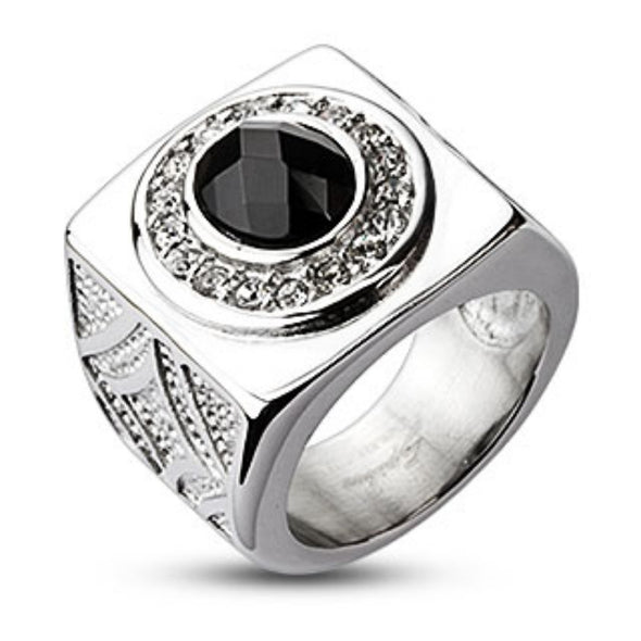 Oval Onyx Gem with Clear CZ Dial Wide Cast Ring 316L Stainless Steel-WildKlass Jewelry