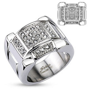 Arc Top Micro Paved Multi Clear CZs Stainless Steel Band Ring-WildKlass Jewelry