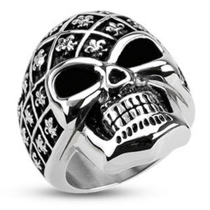 Fleur De Lis Pattern Decorated Skull Wide Cast Ring Stainless Steel-WildKlass Jewelry