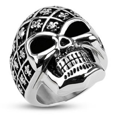 Fleur De Lis Pattern Decorated Skull Wide Cast Ring Stainless Steel-WildKlass Jewelry
