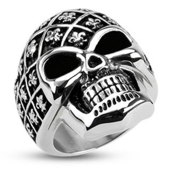 Fleur De Lis Pattern Decorated Skull Wide Cast Ring Stainless Steel-WildKlass Jewelry