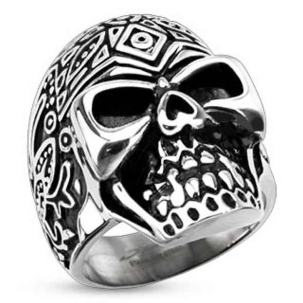 Decorated Day of the Dead Sugar Skull Wide Cast Ring 316L Stainless Steel-WildKlass Jewelry