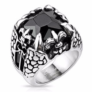Faceted Onyx Square Gem Royal Fleur De Lis Dragon Claw Cast Ring Stainless Steel-WildKlass Jewelry