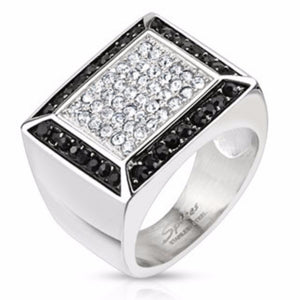 Micro Paved Clear CZs with Black CZ Border Square Cast Ring Stainless Steel-WildKlass Jewelry