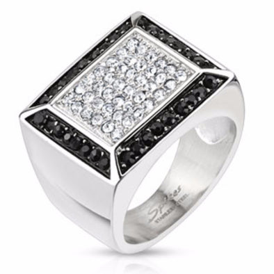 Micro Paved Clear CZs with Black CZ Border Square Cast Ring Stainless Steel-WildKlass Jewelry