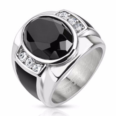 Diamond Cut Onyx Stone with Black Enamel Sides Cast Stainless Steel Ring-WildKlass Jewelry