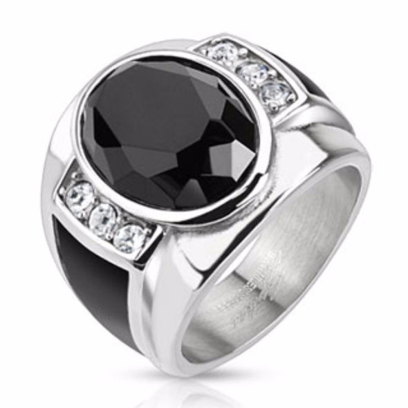 Diamond Cut Onyx Stone with Black Enamel Sides Cast Stainless Steel Ring-WildKlass Jewelry