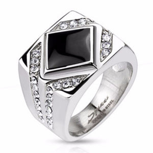 Diamond Shaped Onyx with Clear Micro Paved CZs Square Cast Stainless Steel Ring-WildKlass Jewelry