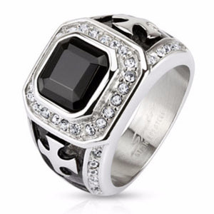 Onyx Stone with Micro Paved Clear CZs Border and Celtic Cross on Sides Square Cast Ring Stainless Steel-WildKlass Jewelry