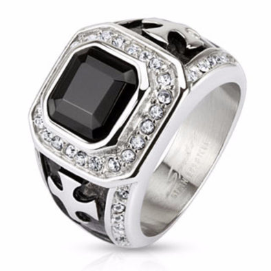 Onyx Stone with Micro Paved Clear CZs Border and Celtic Cross on Sides Square Cast Ring Stainless Steel-WildKlass Jewelry