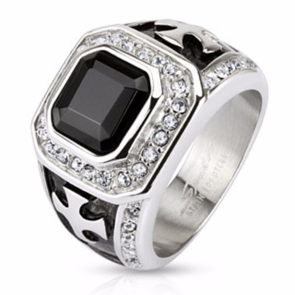 Onyx Stone with Micro Paved Clear CZs Border and Celtic Cross on Sides Square Cast Ring Stainless Steel-WildKlass Jewelry
