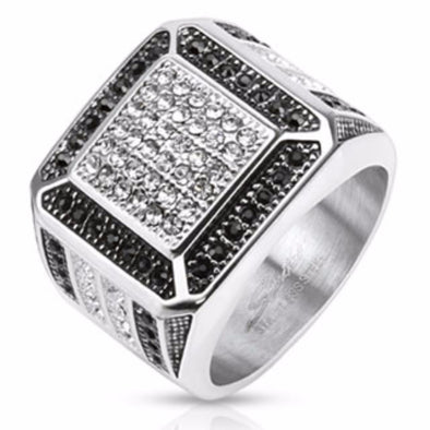 Clear w/ Black CZ Border Micro Paved Cast Ring Stainless Steel-WildKlass Jewelry