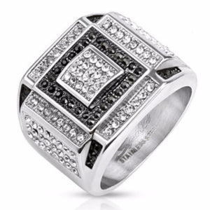 Black and Clear CZ Square Pattern Micro Paved Cast Ring Stainless Steel-WildKlass Jewelry