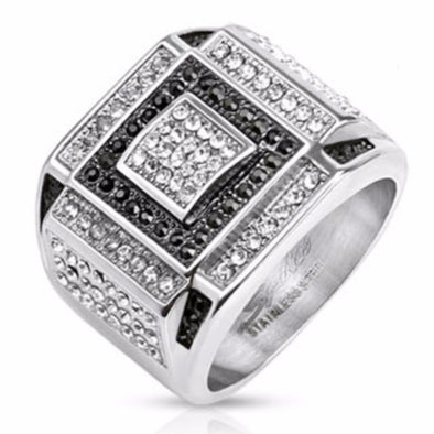 Black and Clear CZ Square Pattern Micro Paved Cast Ring Stainless Steel-WildKlass Jewelry