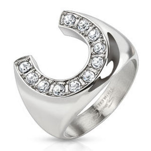 Horseshoe with Gemmed Rim Cast Ring Stainless Steel-WildKlass Jewelry