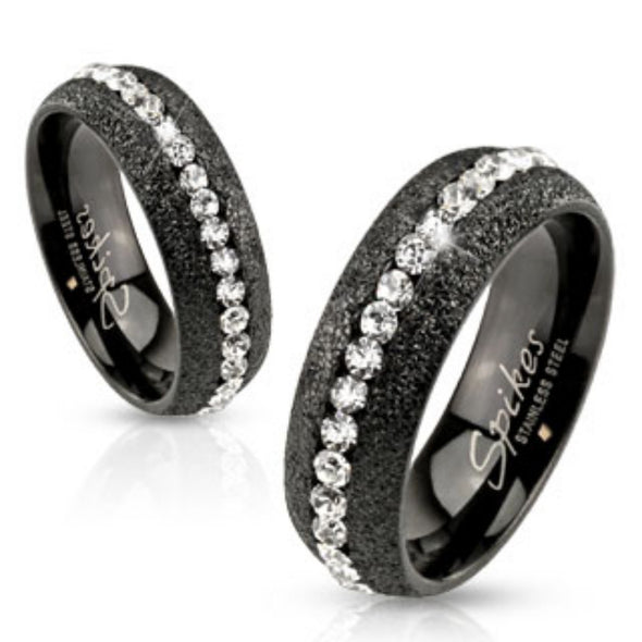 Glittery Black IP Over Stainless Steel Ring with Clear CZ Center-WildKlass Jewelry