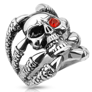 Clawed Skull with One Red CZ Eye Stainless Steel Biker Cast Ring-WildKlass Jewelry