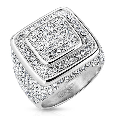 Square Dome Micro Pave Gems with Gemmed Sides Stainless Steel Ring-WildKlass Jewelry