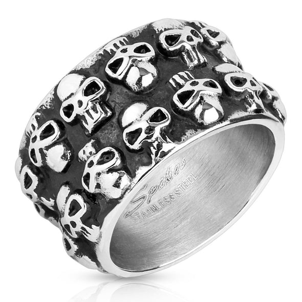 Double Line Clustered Skulls Stainless Steel Biker Cast Ring-WildKlass Jewelry