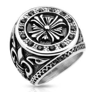 Celtic Cross Black CZ Border with Fleur De Lis Sides Stainless Steel Biker Cast Ring-WildKlass Jewelry