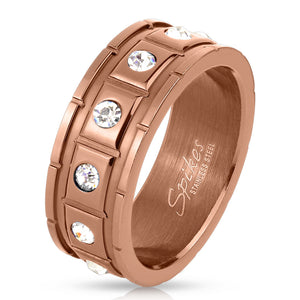 Square Grooved with 12 Bronze IP Over CZ Stainless Steel Couple Ring-WildKlass Jewelry