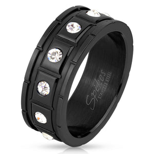 Square Grooved with 12 CZ Black IP Over Stainless Steel Couple Ring-WildKlass Jewelry