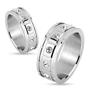 Square Grooved with 12 CZ Stainless Steel Couple Ring-WildKlass Jewelry