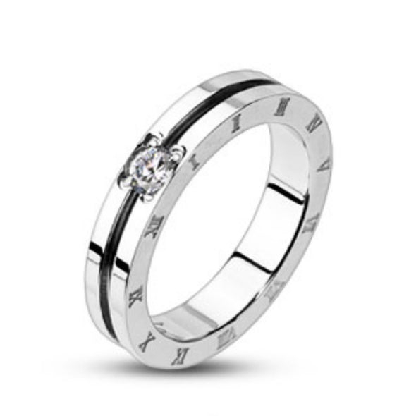 Grooved Center with Clear CZ Engraved Roman Numeral Side Band Ring 316L Stainless Steel-WildKlass Jewelry