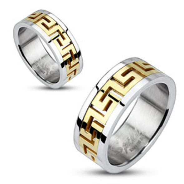 Maze Pattern Gold IP Center Band Ring 316L Stainless Steel-WildKlass Jewelry