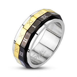 Black & Gold IP Roman Numeral Dual Spinner Ring 316L Stainless Steel-WildKlass Jewelry