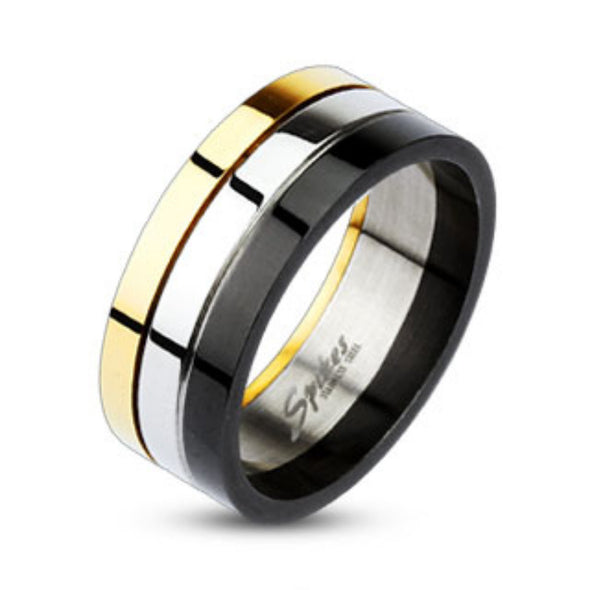 Grooved Tri Color IP Band Ring 316L Stainless Steel-WildKlass Jewelry