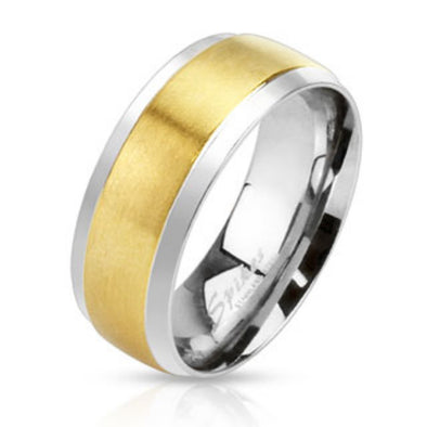 Center Gold IP Step Edge 2-Tone Band Ring Stainless Steel-WildKlass Jewelry